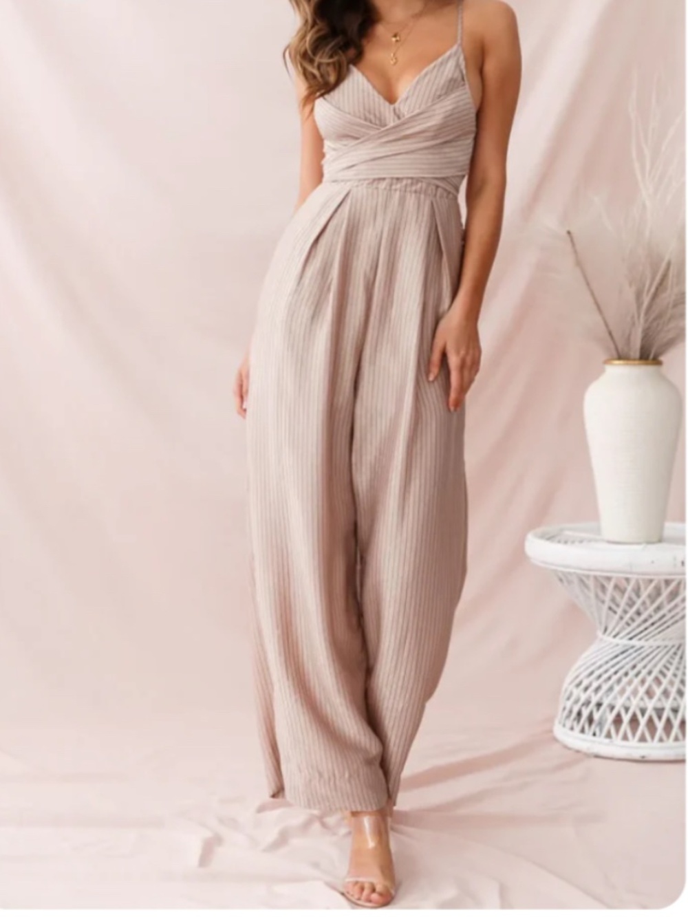 Nancy Wide Leg Pinstripe Jumpsuit Mocha